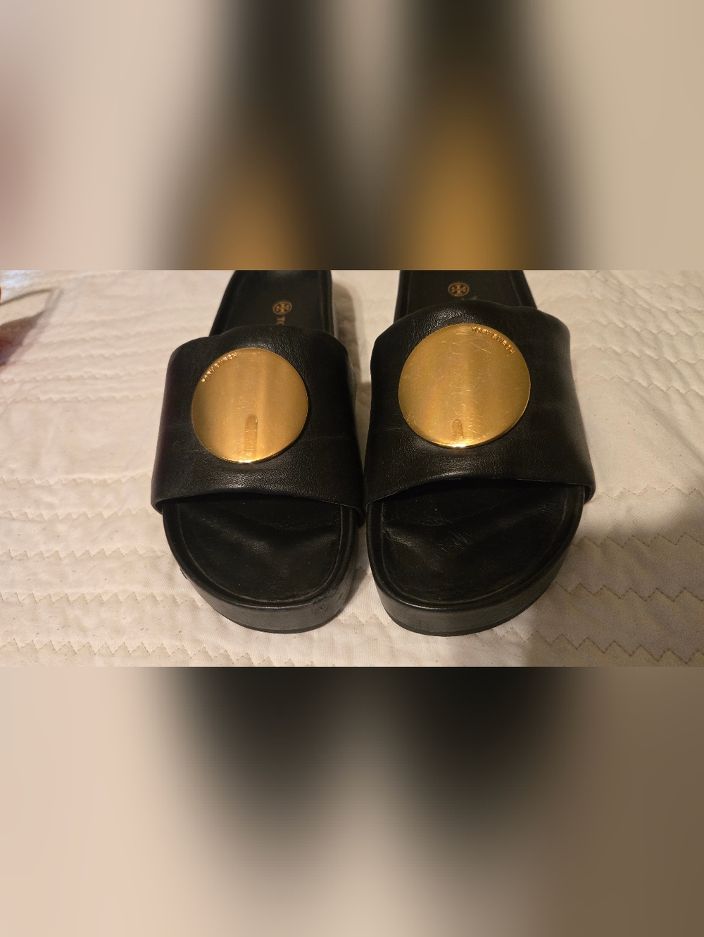 Tory Burch Black Slide Sandals with Gold Medallion - Picture 2 of 16
